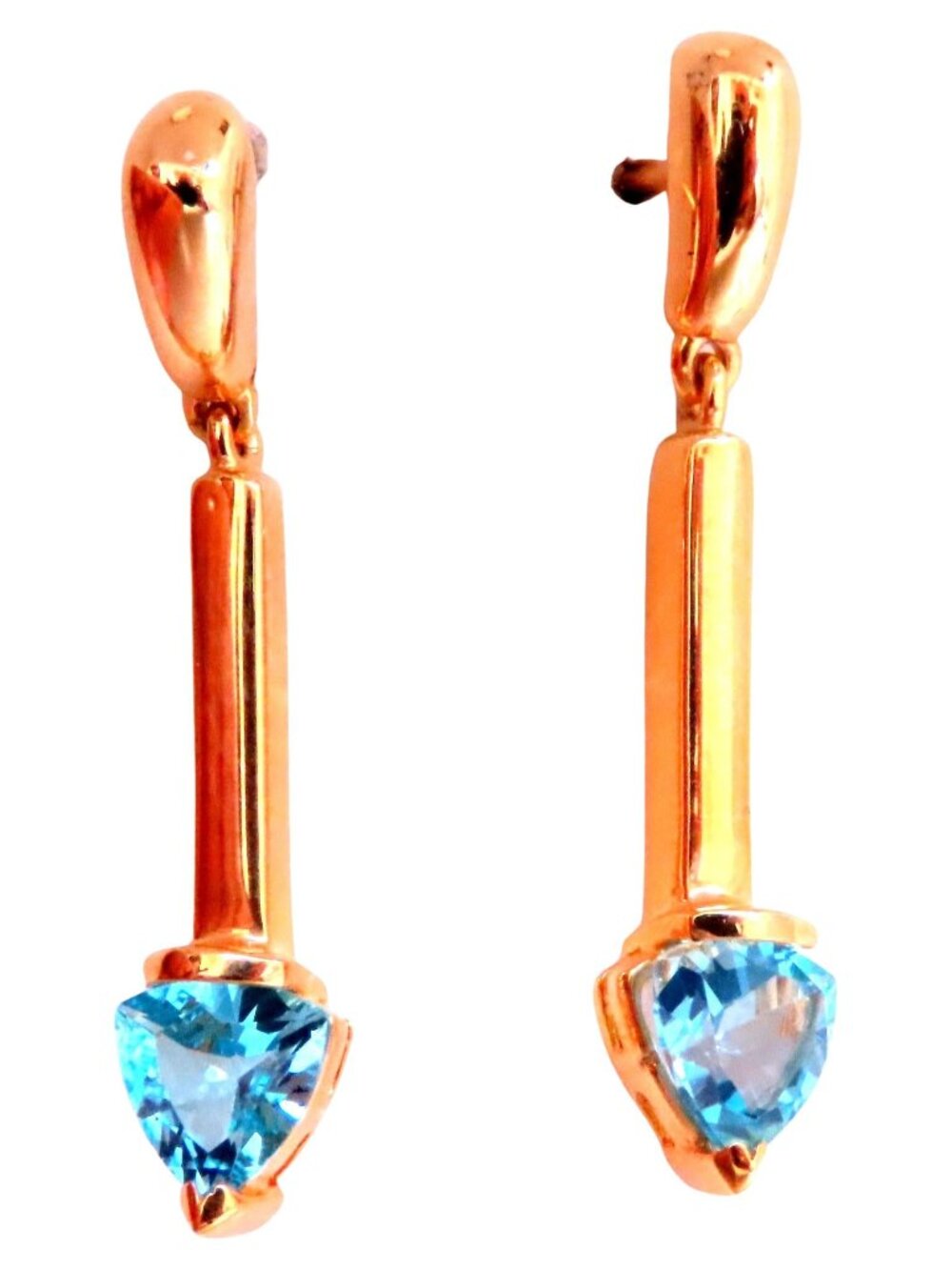 Natural Trilliant Swiss Blue Topaz Dangle Earrings 14kt Gold*